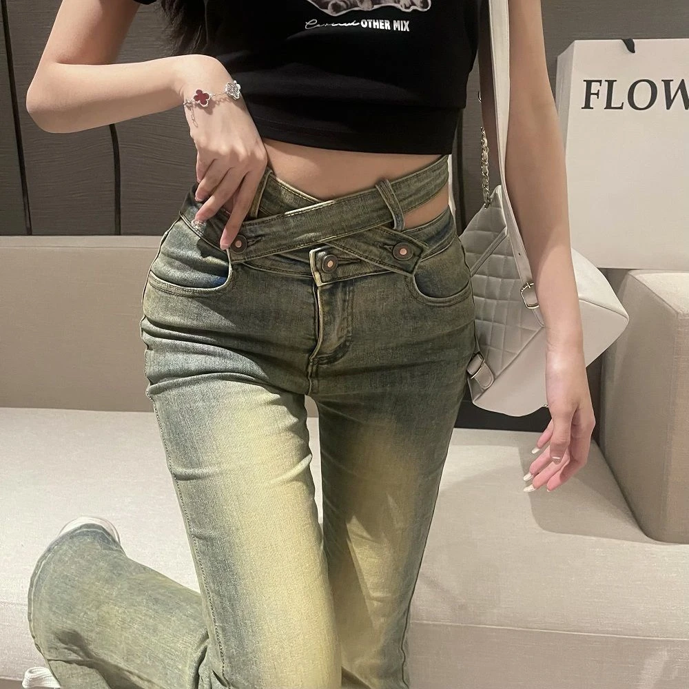 辣妹渐变色牛仔喇叭裤女交叉设计感复古高腰修身显瘦辣妹提臀长裤