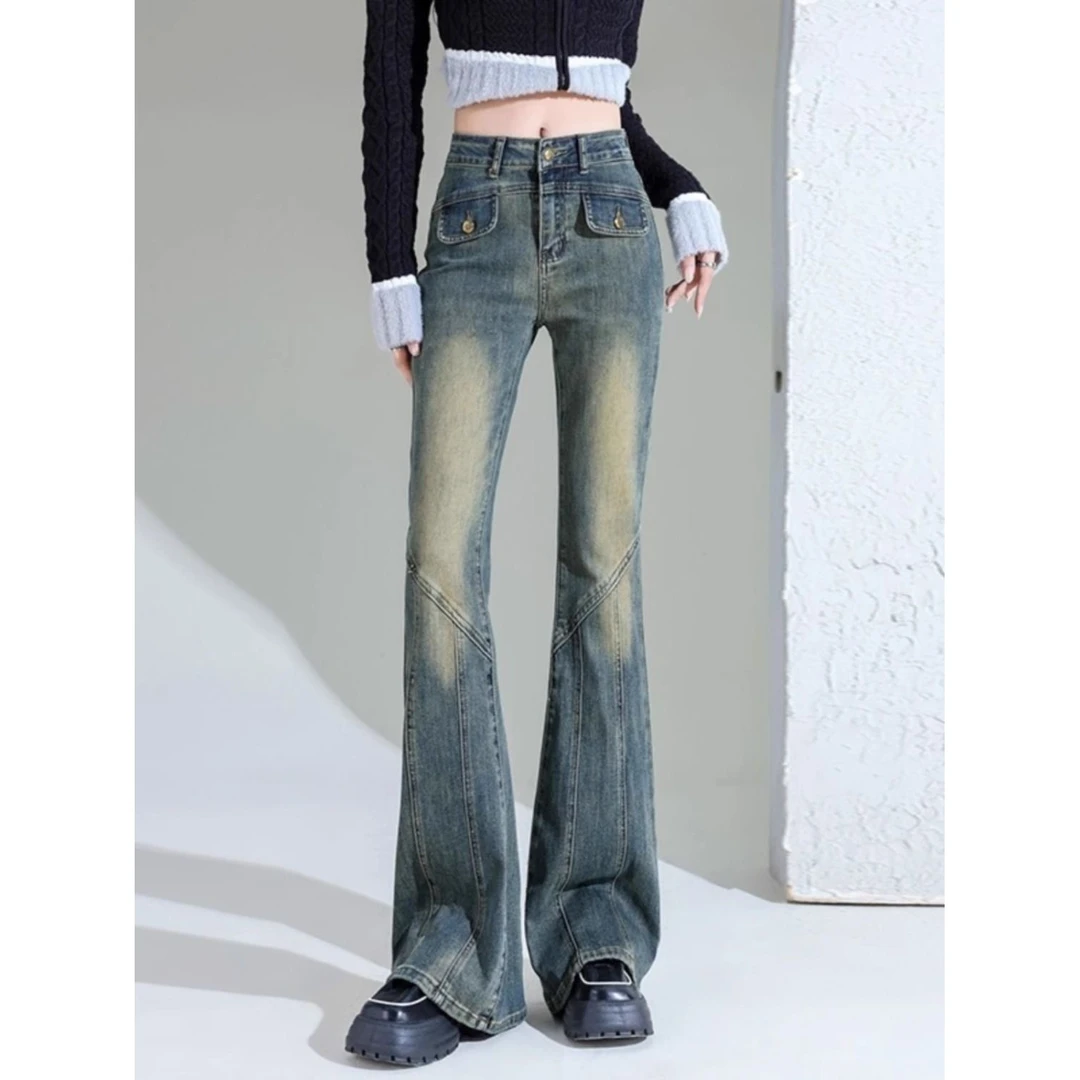 美式高街加长微喇叭牛仔裤女秋季新款设计感拼接复古马蹄裤子8696