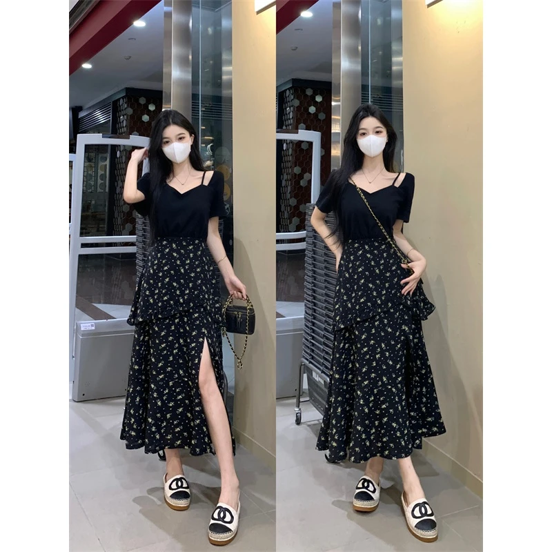 【运费补贴】大码女装胖mm夏季连衣裙假两件开衩显瘦收腰碎花连衣裙