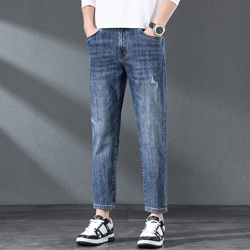 男士九分牛仔裤秋冬款修身小直筒裤男潮牌破洞休闲百搭小个子穿搭