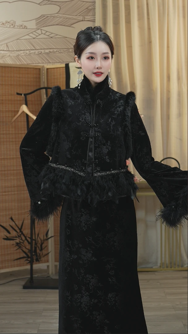 微岚熙2024秋季新款国风黑色大码复古轻奢显瘦套装（3987+3988）