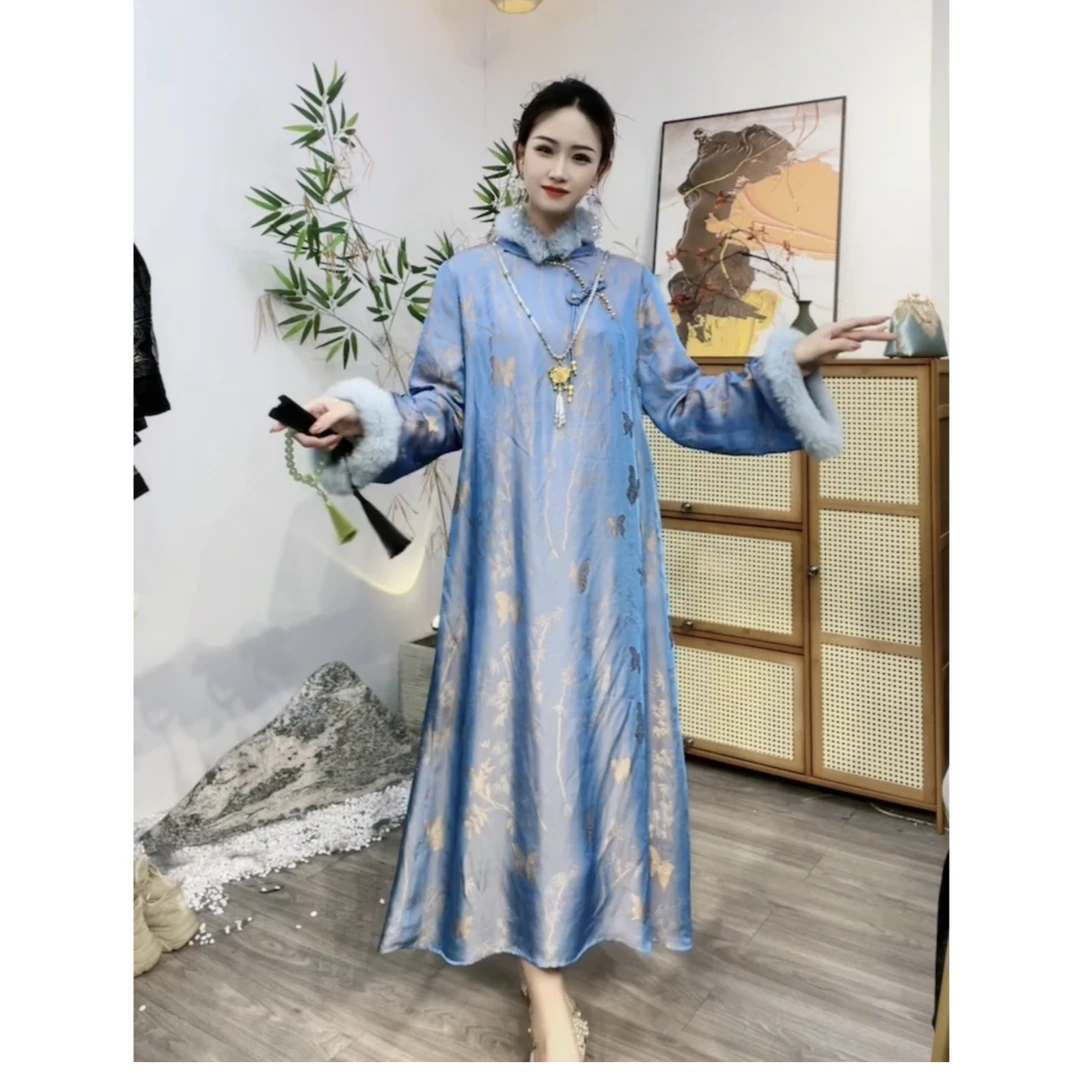 2023秋季新款气质蓝色复古连帽新中式裙子双层中长款旗袍（3082）