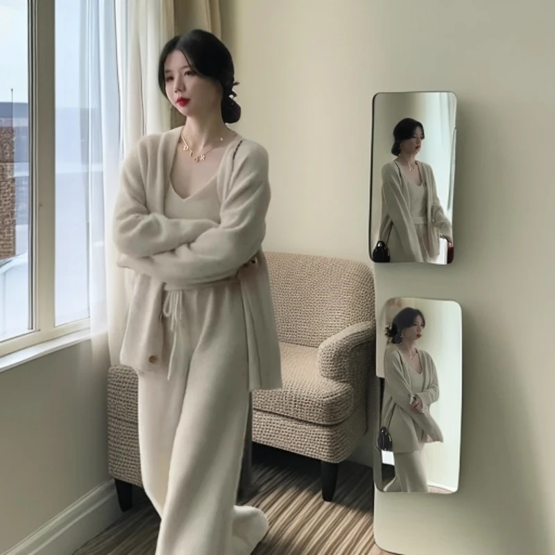 淳启2025秋款小香风气质高级感三件套针织毛衣开衫阔腿裤百搭女装