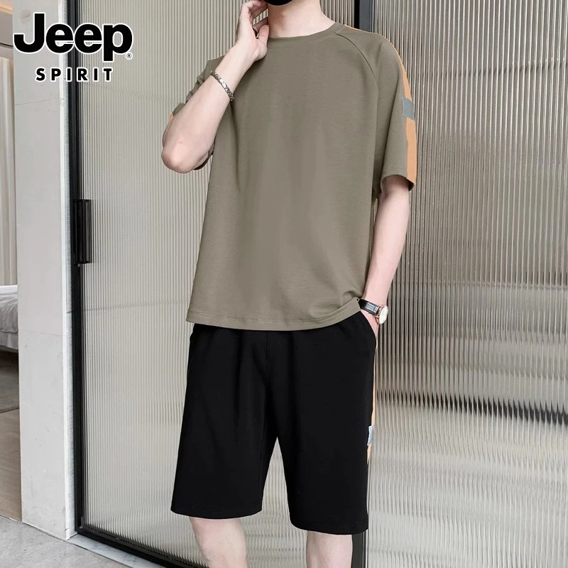 JEEPSPIRIT运动套装男士夏季潮流休闲短袖T恤短裤宽松搭配两件套
