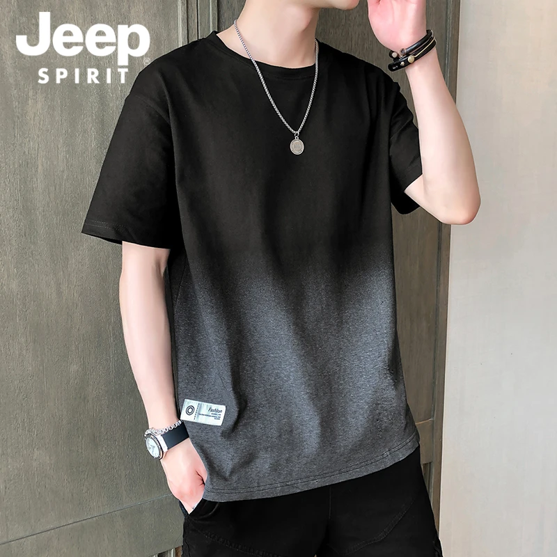 JEEPSPIRIT纯棉短袖t恤男休闲宽松渐变色上衣夏季薄款百搭半袖T恤