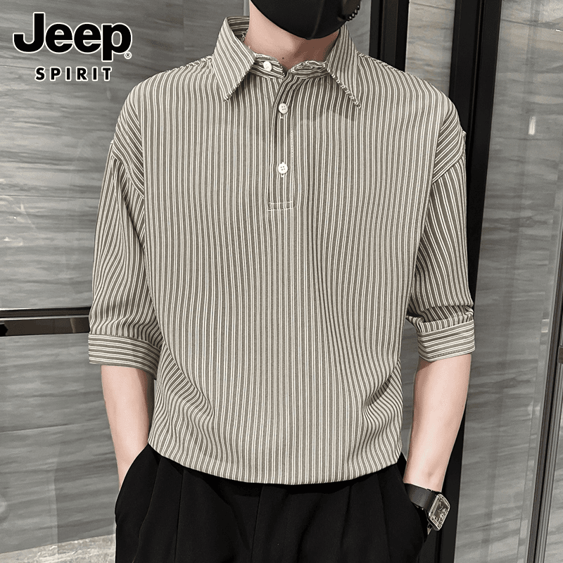 JEEPSPIRIT短袖衬衫男士夏季潮流帅气条纹寸衫宽松休闲七分袖衬衣