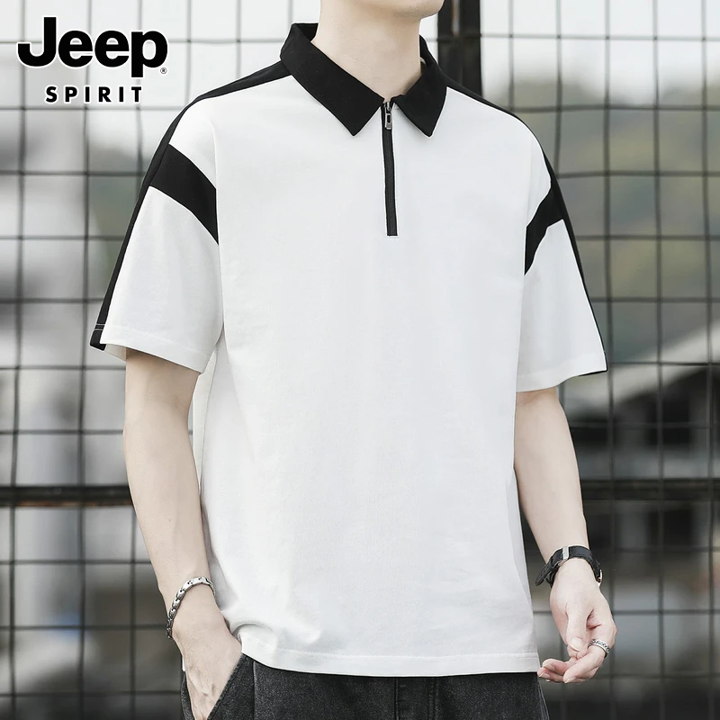 JEEPSPIRIT短袖t恤男士夏季新款潮流翻领拉链上衣撞色拼接polo衫
