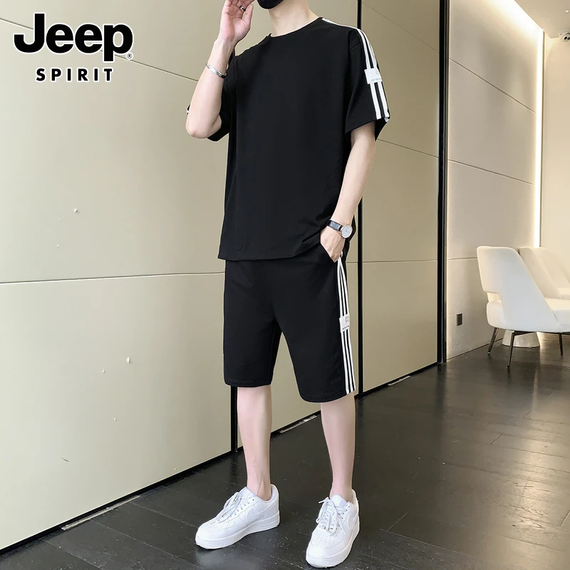 JEEPSPIRIT休闲套装男士夏季2025时尚潮流短袖短裤宽松运动两件套