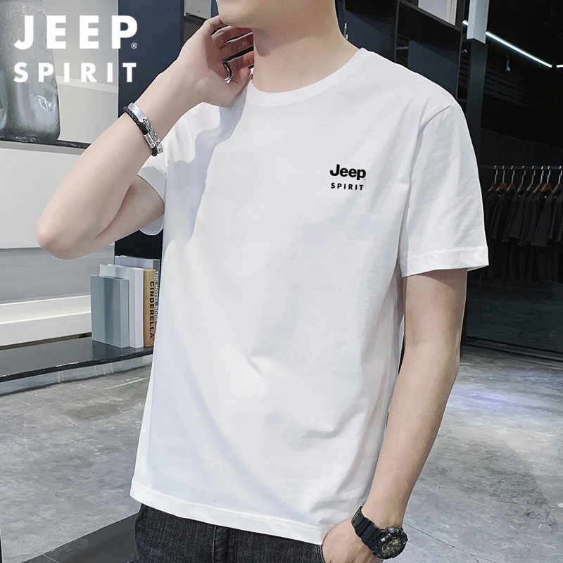 JEEPSPIRIT短袖纯棉t恤男士薄款休闲夏季百搭潮流体恤白色半袖男