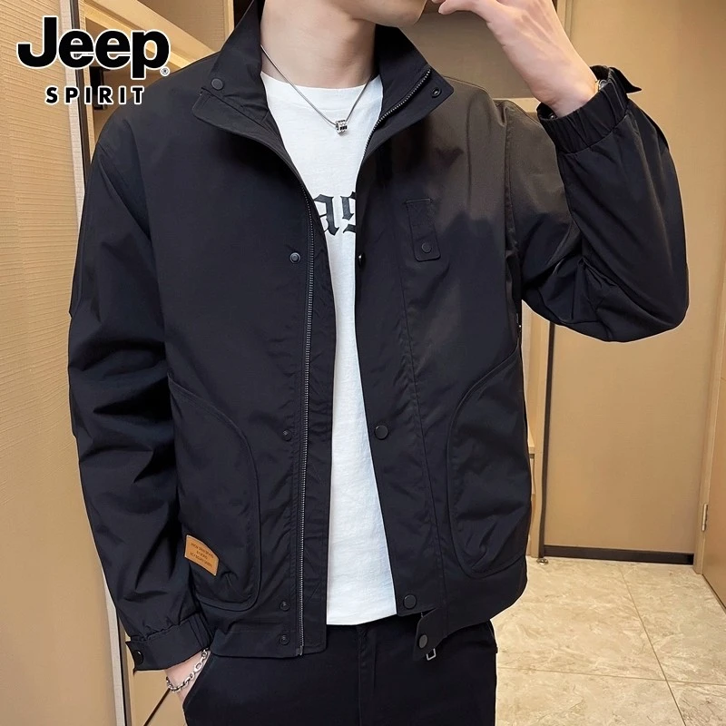 JEEPSPIRIT立领夹克男士秋季工装帅气茄克宽松休闲韩版黑色外套男