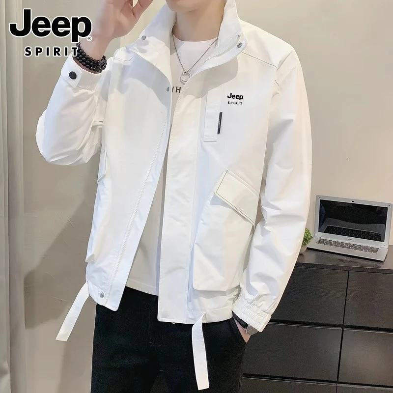 JEEPSPIRIT男士白色立领夹克春秋宽松韩版百搭上衣帅气工装外套男