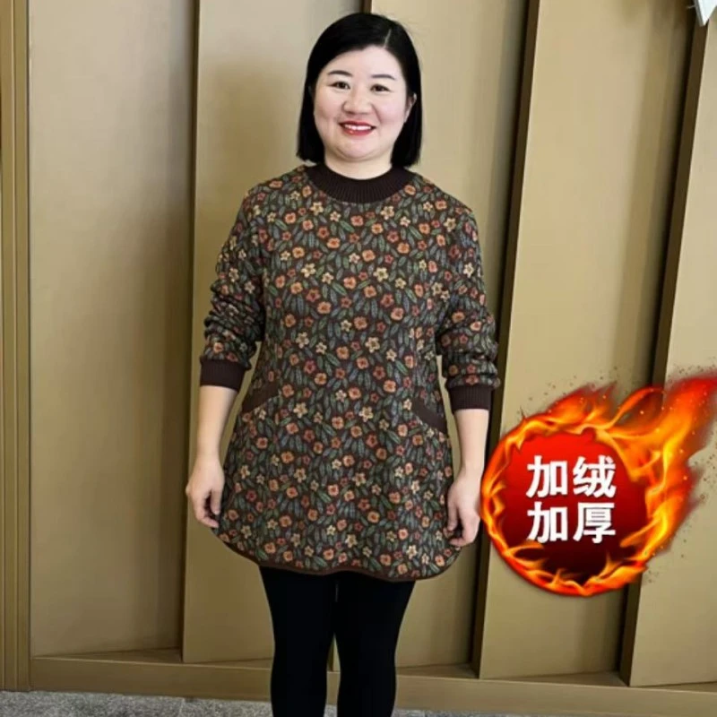 冬季新款加绒加厚宽松显瘦中长款小碎花上衣