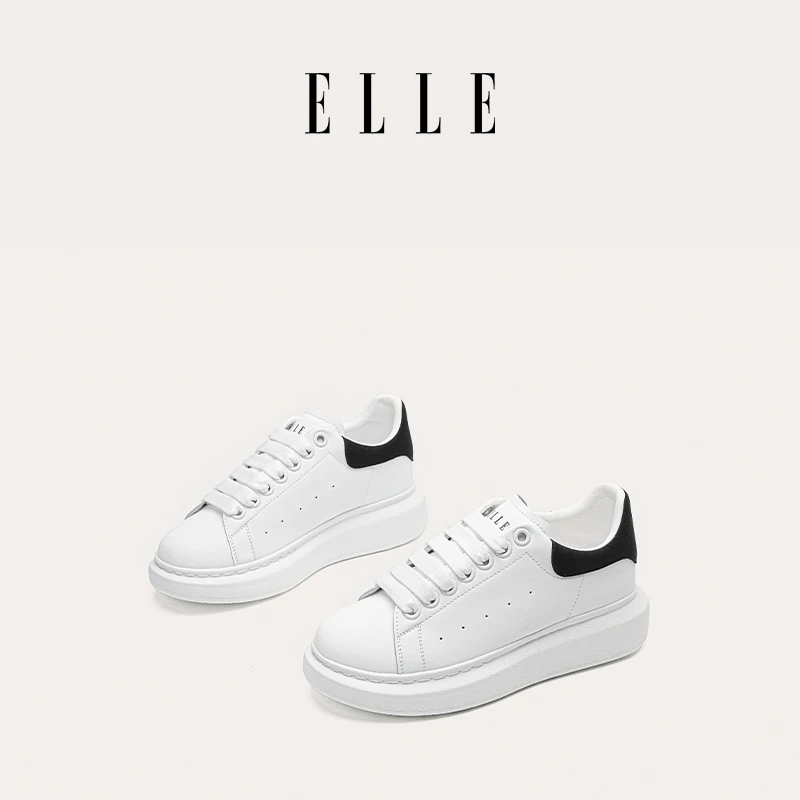 ELLE厚底增高小白鞋女2023秋新款韩版百搭运动休闲鞋