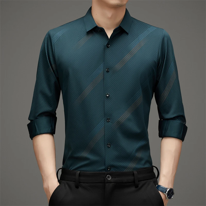 【许老大】2024秋季上新经典休闲百搭免烫无痕高弹斜条纹衬衫