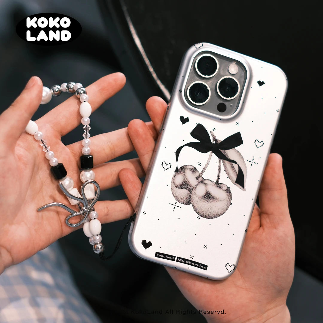kokoland电镀y2k银色imd樱桃蝴蝶结硬壳手机壳挂链适用苹果原创亮
