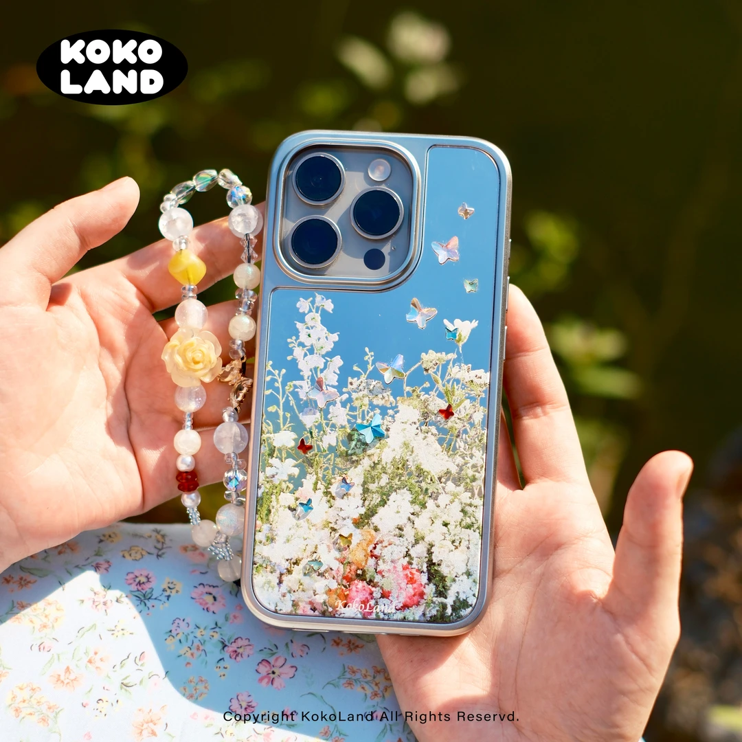 kokoland油画蝴蝶镜面电镀硬壳手机壳挂链适用苹果原创屋顶花园