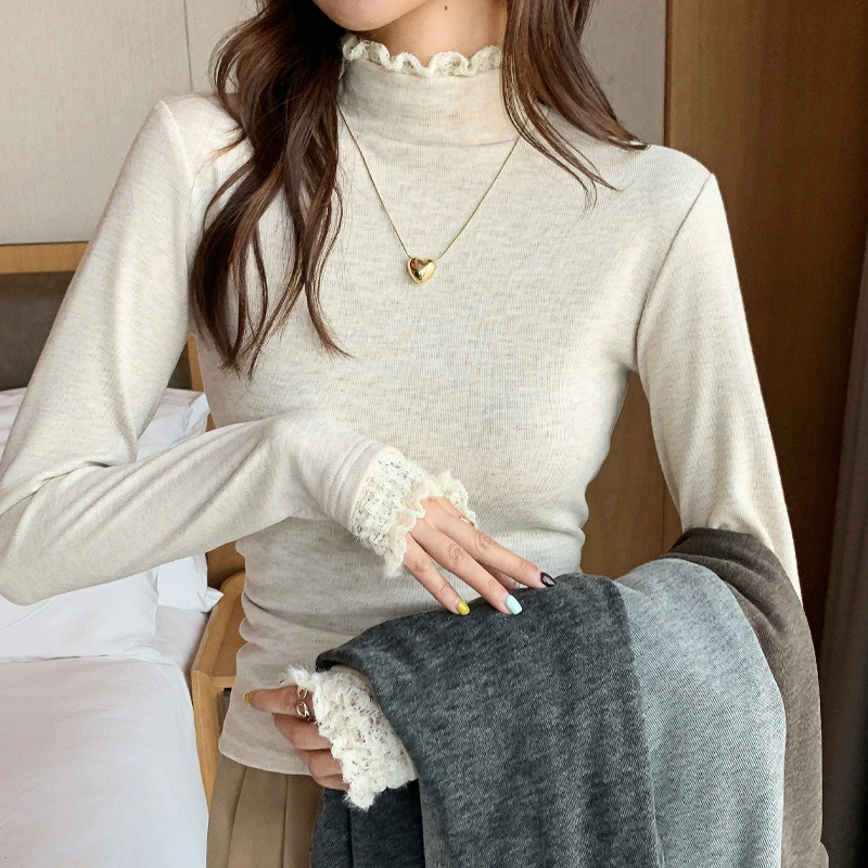 定制蕾丝拼接半高领打底衫女秋冬螺纹毛衣花边针织衫女士打底衫