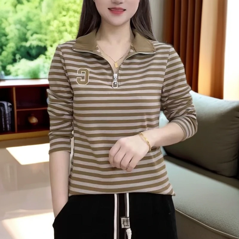 2024春秋季新款条纹宽松显瘦大码长袖T恤立领时尚女士打底衫百搭