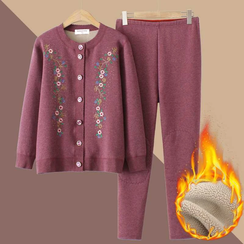 奶奶保暖内衣中老年人开衫秋衣秋裤套装女妈妈装加绒加厚冬两件套