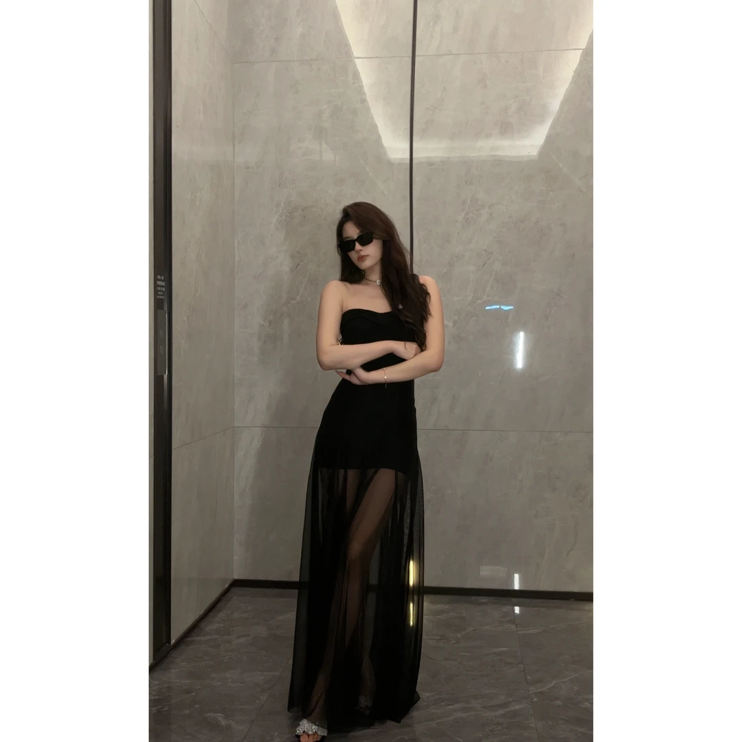 Wenxuan-【星河罗纳】轻奢抹胸长裙小众黑色连衣裙夏季