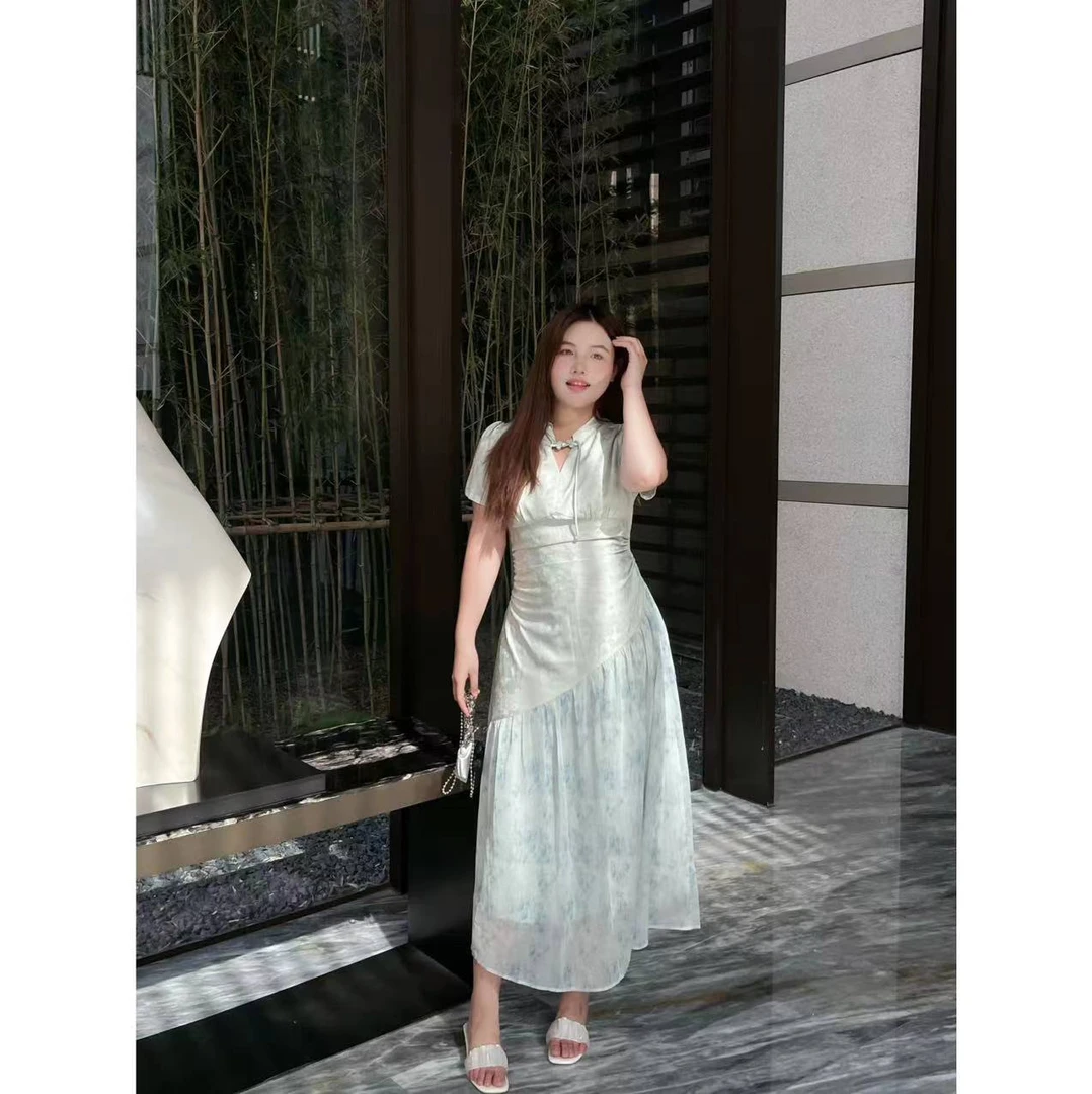 【花间迷雾】新中式大码缎面提花连衣裙晕染收腰显瘦长裙