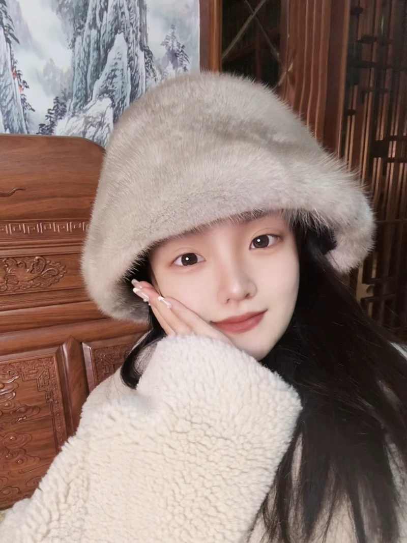 进口水貂毛帽子女整貂水貂毛渔夫帽时尚皮草女帽护耳貂帽韩版