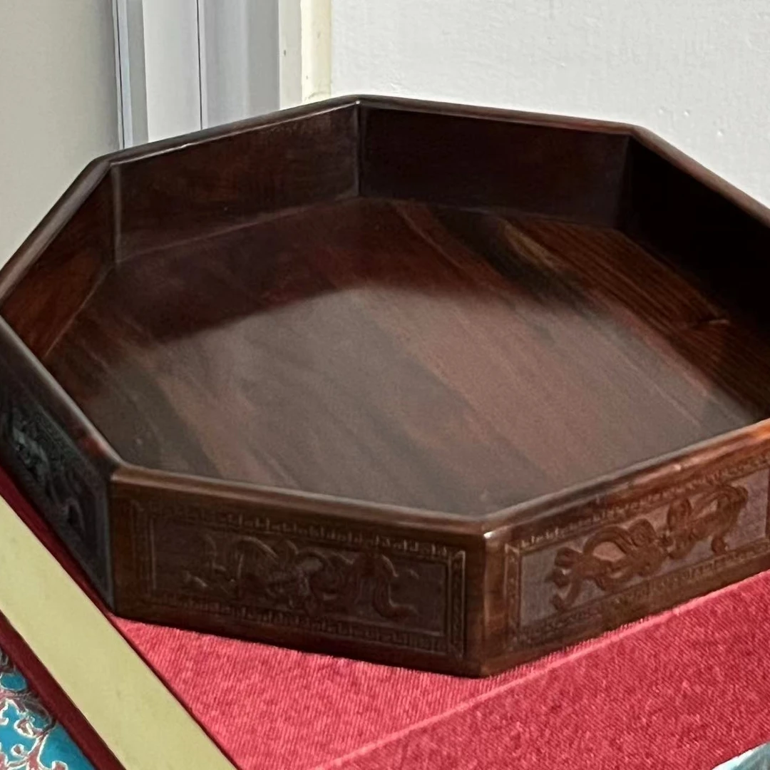 【木上】大红酸枝交趾黄檀-红木精雕八角果盘23*23*4.5-托盘点心盘