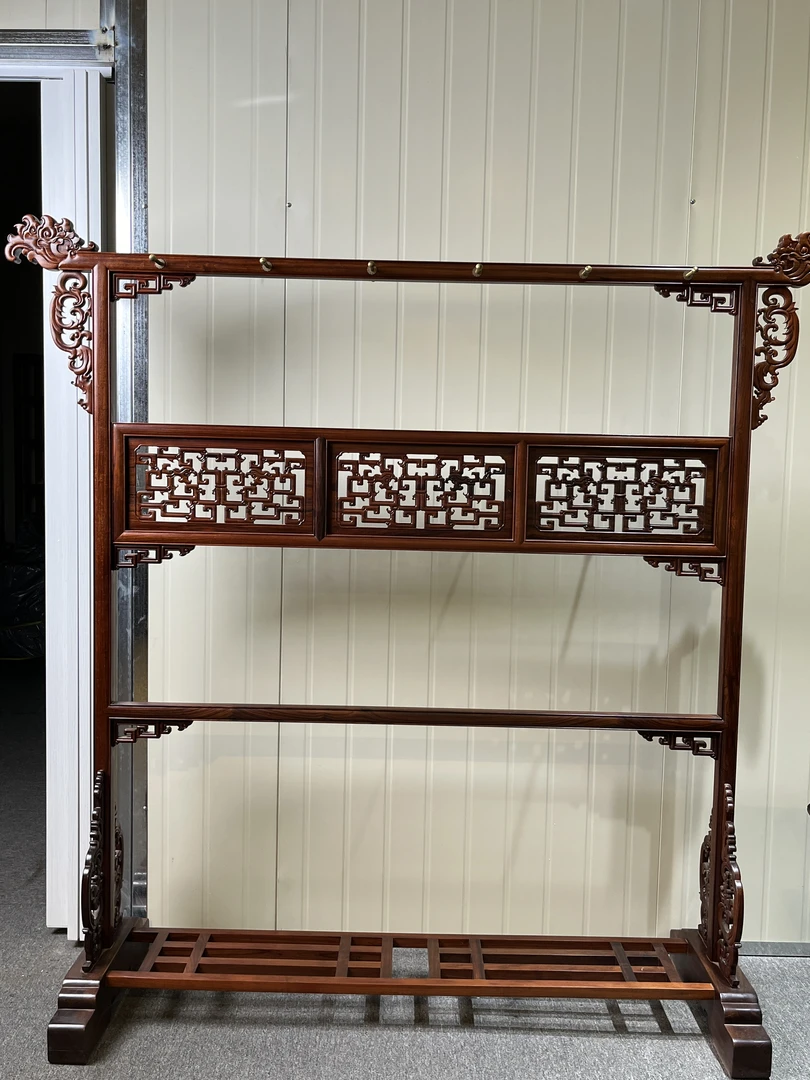 【木上】红酸枝-雕花衣帽架176*170*47-客厅屏风办公室茶室卧室