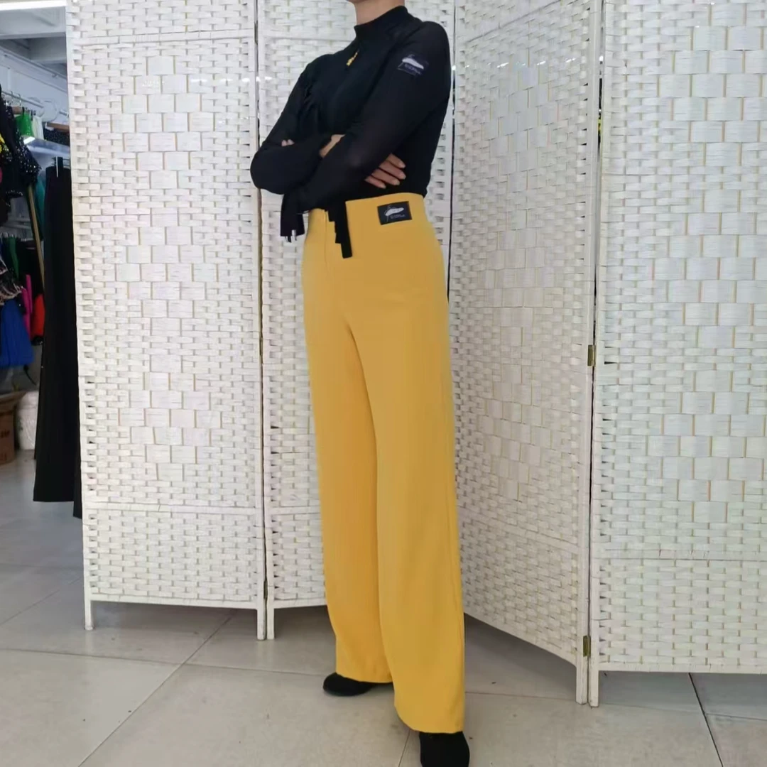 WXF舞蹈服金黄无钻版前开拉链微喇修身显腿长锦棉阔腿裤显瘦直筒