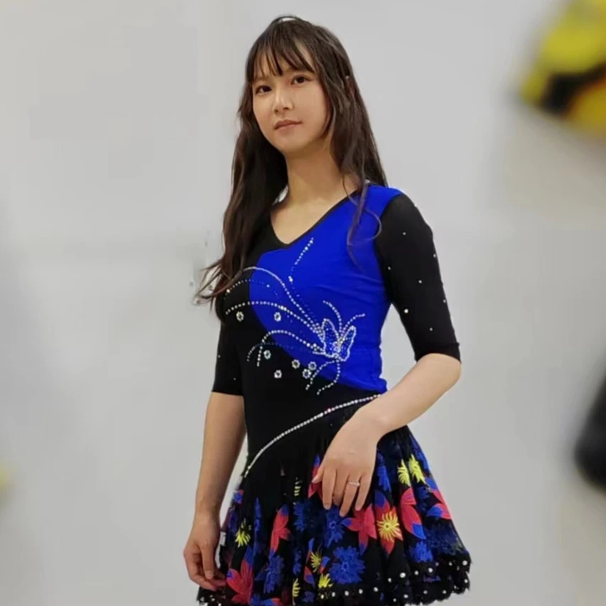 30#WXF黑色舞蹈服【夏季上衣】拼接镶钻流苏超美蓝色春夏