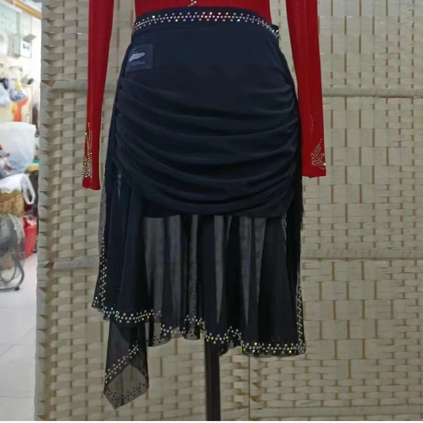 WXF6号黑色不规则两边高开叉有打底防走光拉丁裙仙女流苏性感气质