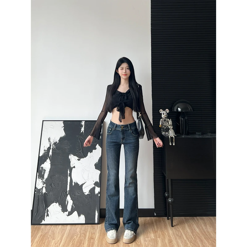 蓝色175高个子美式复古辣妹低腰微喇拖地牛仔裤女微喇叭拖地长裤