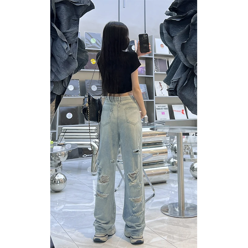 2024夏蓝色高腰直筒后破洞牛仔裤女175高个子显瘦宽松加长拖地裤