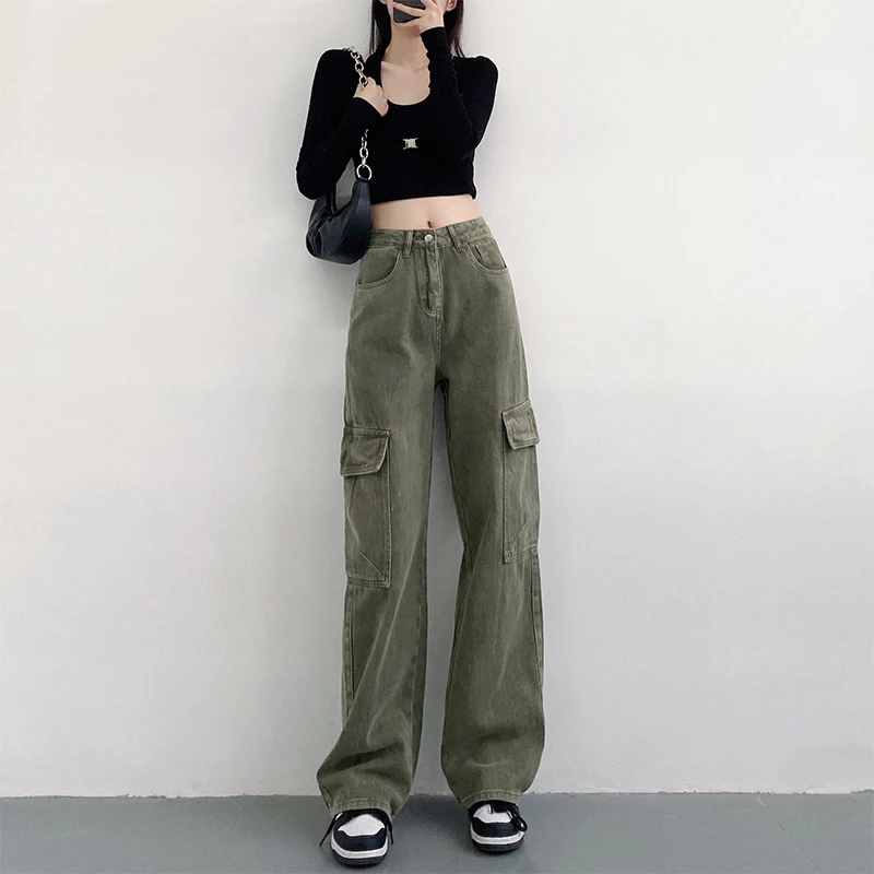 【8291】清货 绿色高腰直筒工装裤女多口袋显瘦宽松加长拖地休闲裤