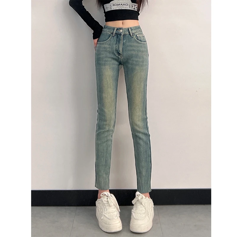 2024秋冬季复古高腰显腿长修身显瘦提臀百搭铅笔小脚九分牛仔长裤