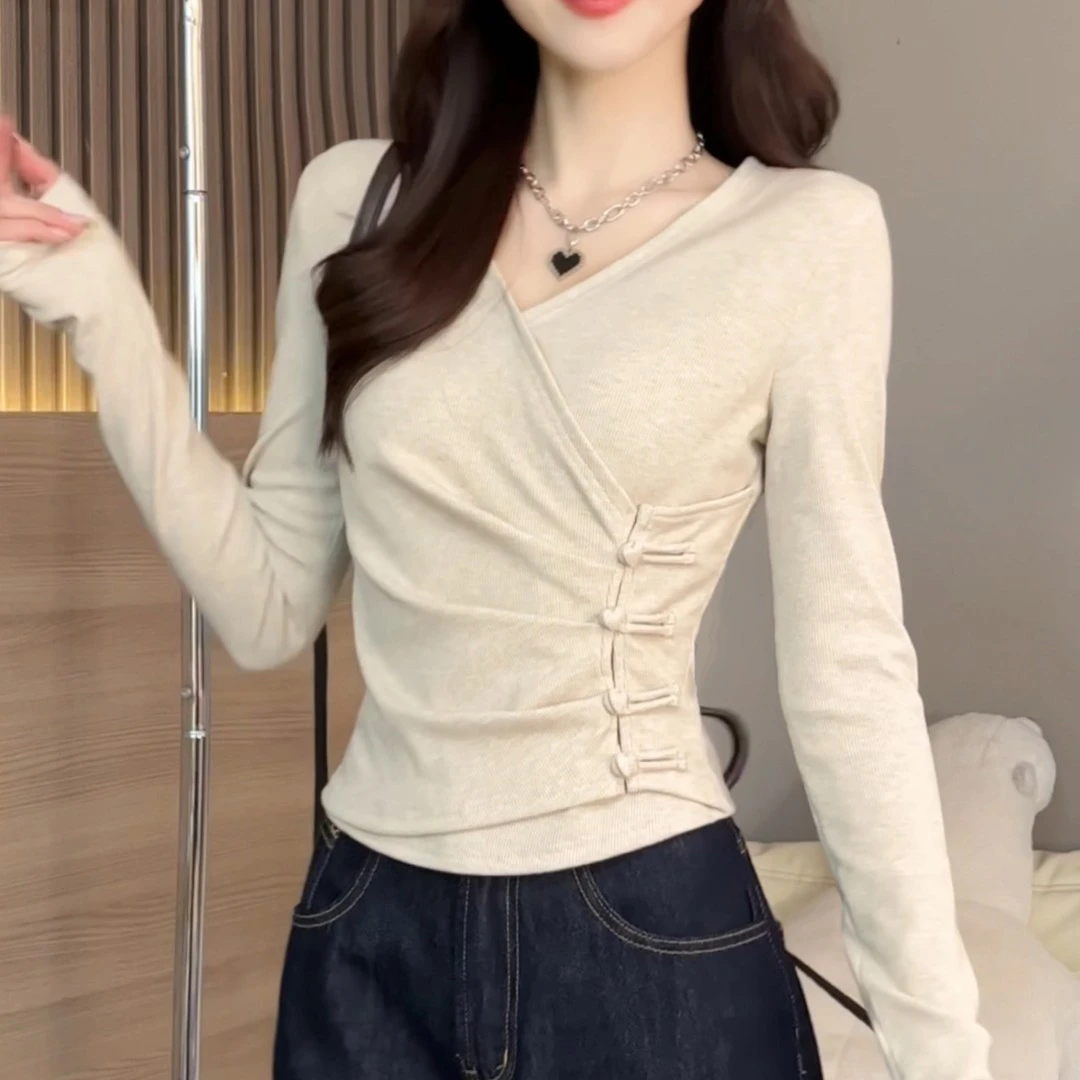 Notdefined韩系不规则v领长袖t恤女短款收腰显瘦内搭打底衫上衣