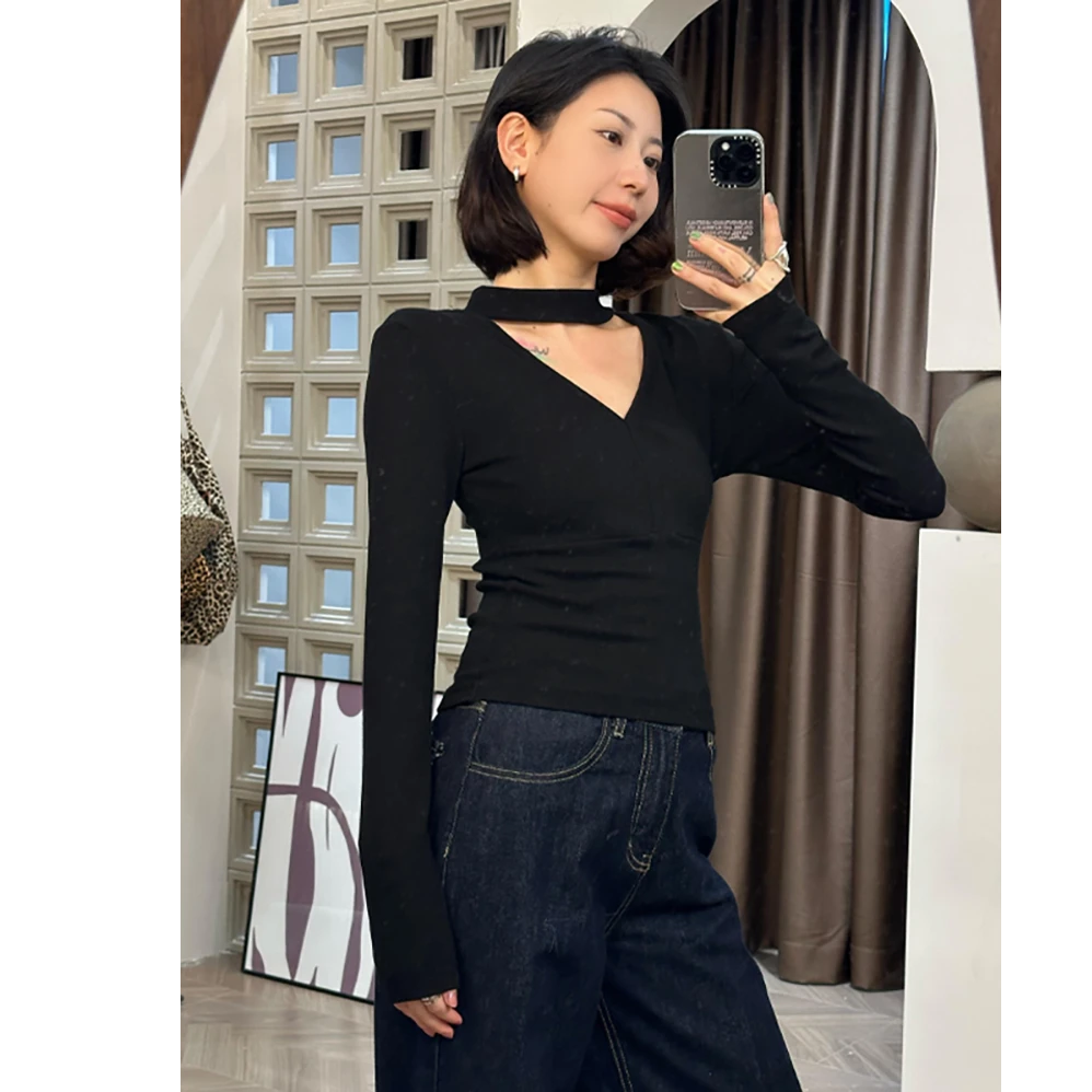 Not defined法式纯欲挂脖正肩长袖T恤春季辣妹修身内搭打底衫上衣