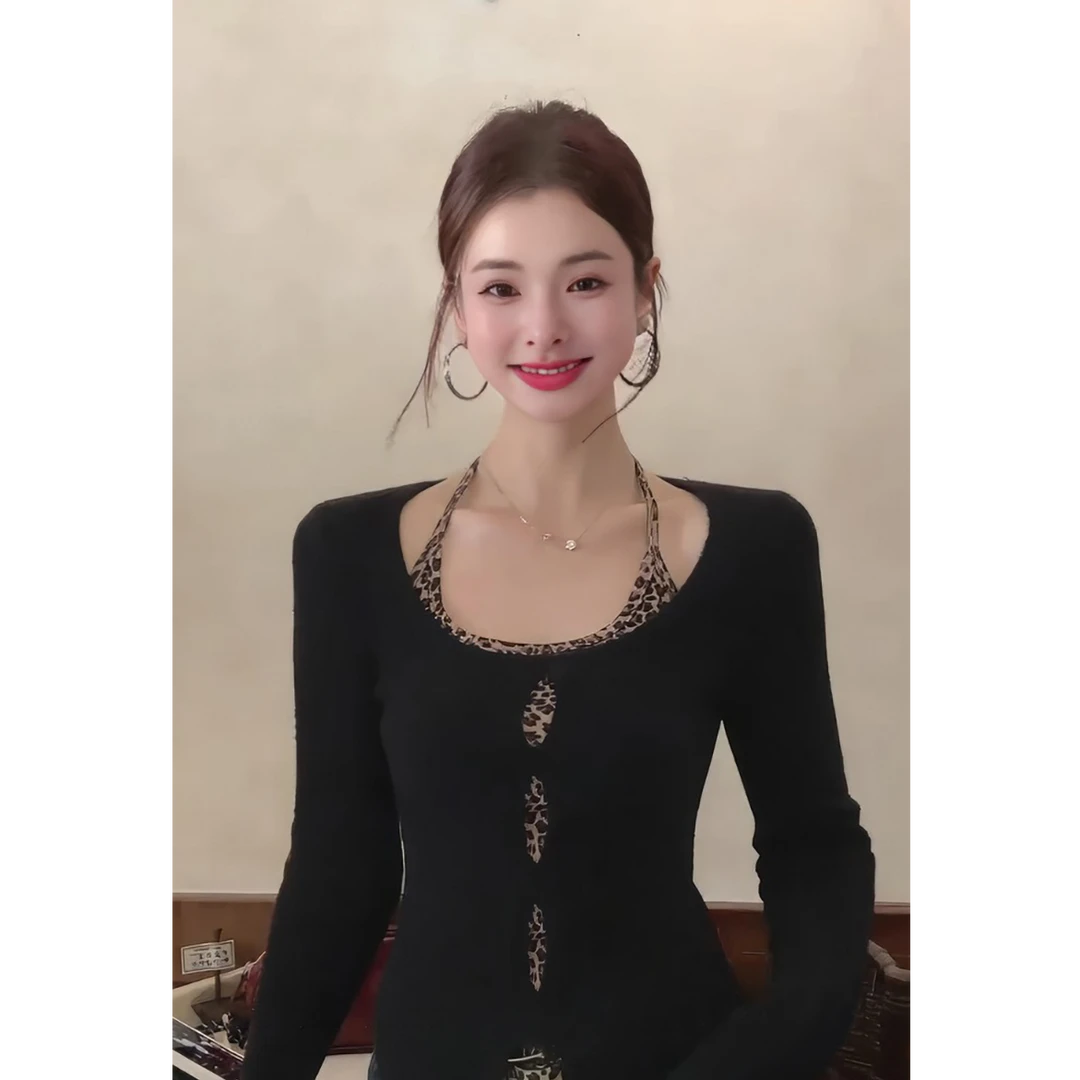 Not defined设计感镂空T恤叠穿挂脖豹纹吊带背心春季搭配一整套装