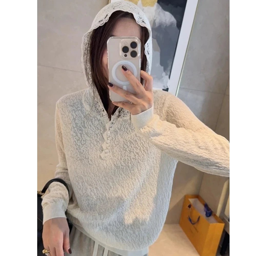 Not defined法式蕾丝连帽长袖T恤女春季气质高级感洋气打底衫上衣