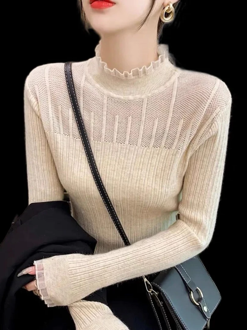 半高领蕾丝内搭2023修身显瘦洋气时尚百搭镂空长袖上衣拼接针织