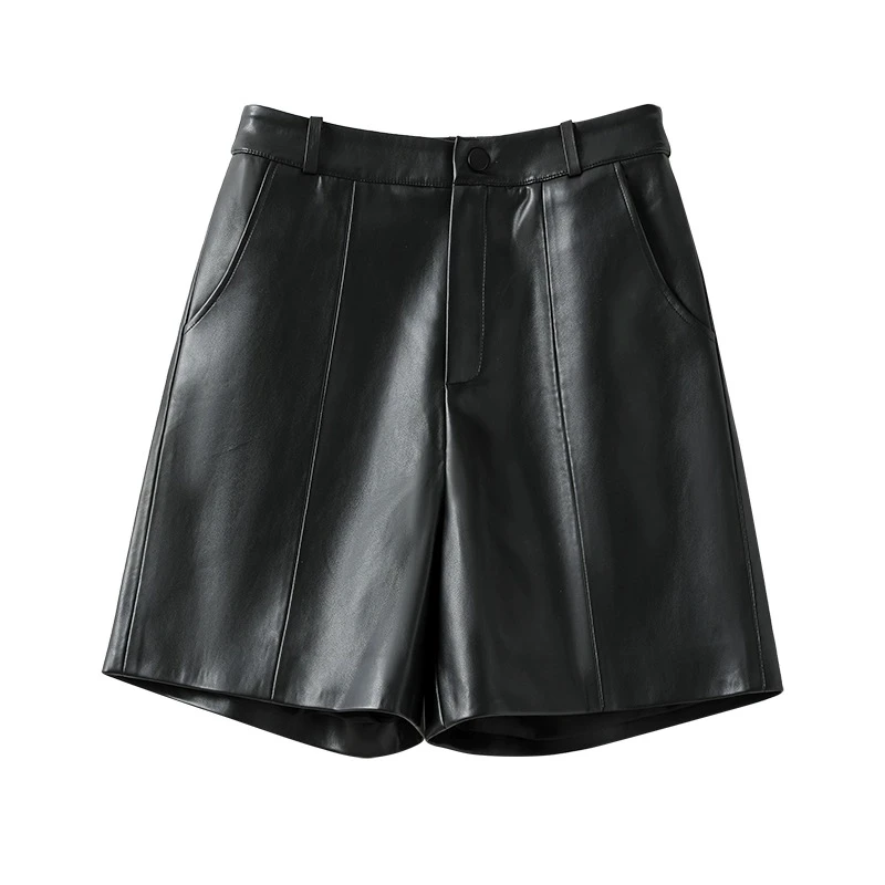 海宁正品皮裤女时尚休闲百搭阔腿简约中裤显瘦宽松保暖女裤子6012