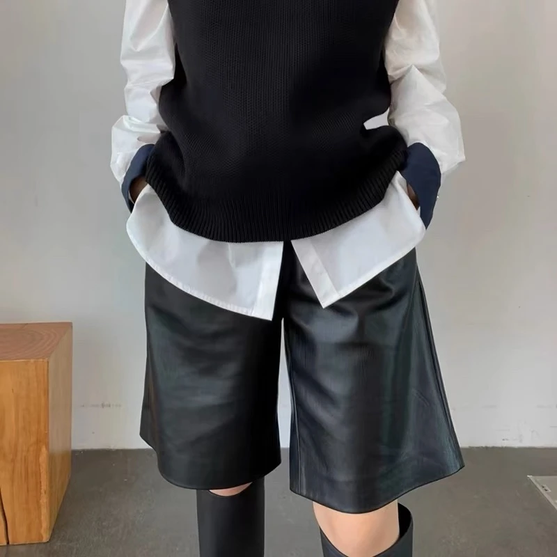 海宁正品皮裤2024秋冬新款百搭显瘦中裤时尚中高腰5分裤子女6052