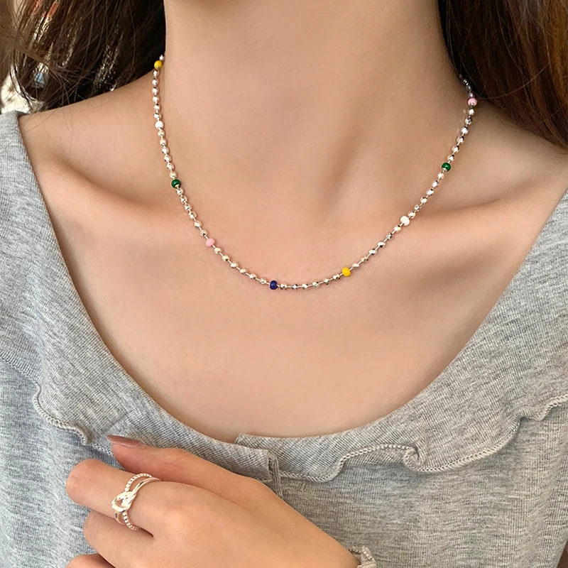 坠链均925银  S925银彩虹豆豆碎银子项链女多巴胺穿搭简约锁骨链