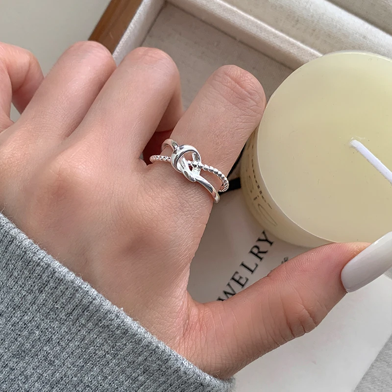 925银戒指 精致小众绳结指环女交叉打结开口戒指新潮设计通勤百搭