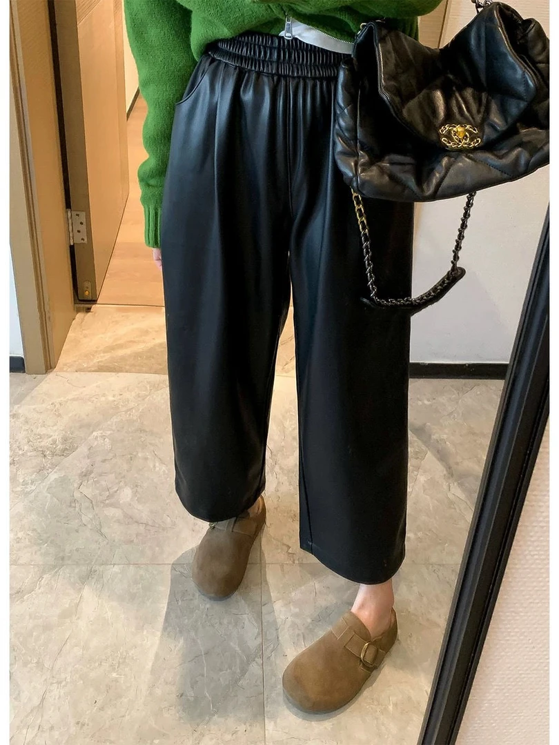 2025新款秋冬款PU皮皮裤女松紧高腰网红宽松九分裤显瘦休闲哈伦裤