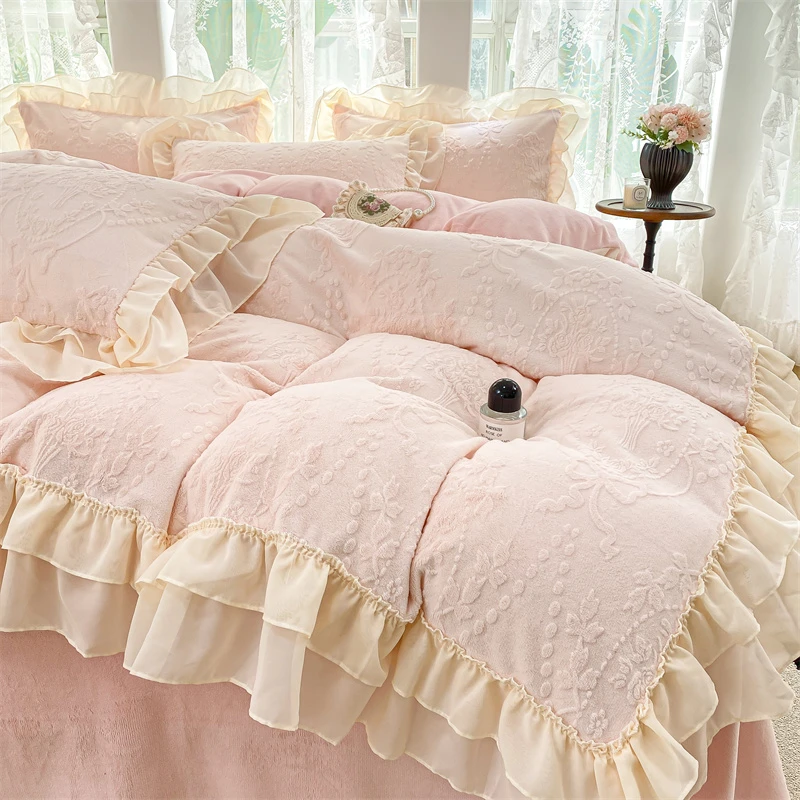 法式双层边雕花牛奶绒四件套舒适浪漫加绒加厚三件套优雅亲肤双面