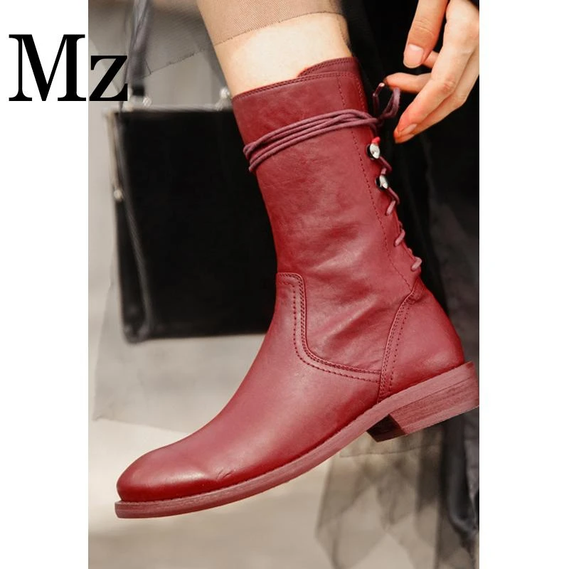 鞋匠小明/2.8cm/后系带平底短靴马丁靴女圆头侧拉链及踝靴/xjY730