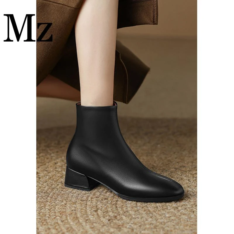 鞋匠小明/4cm/方头侧拉链简约短靴女秋冬通勤百搭马丁靴/xjM08