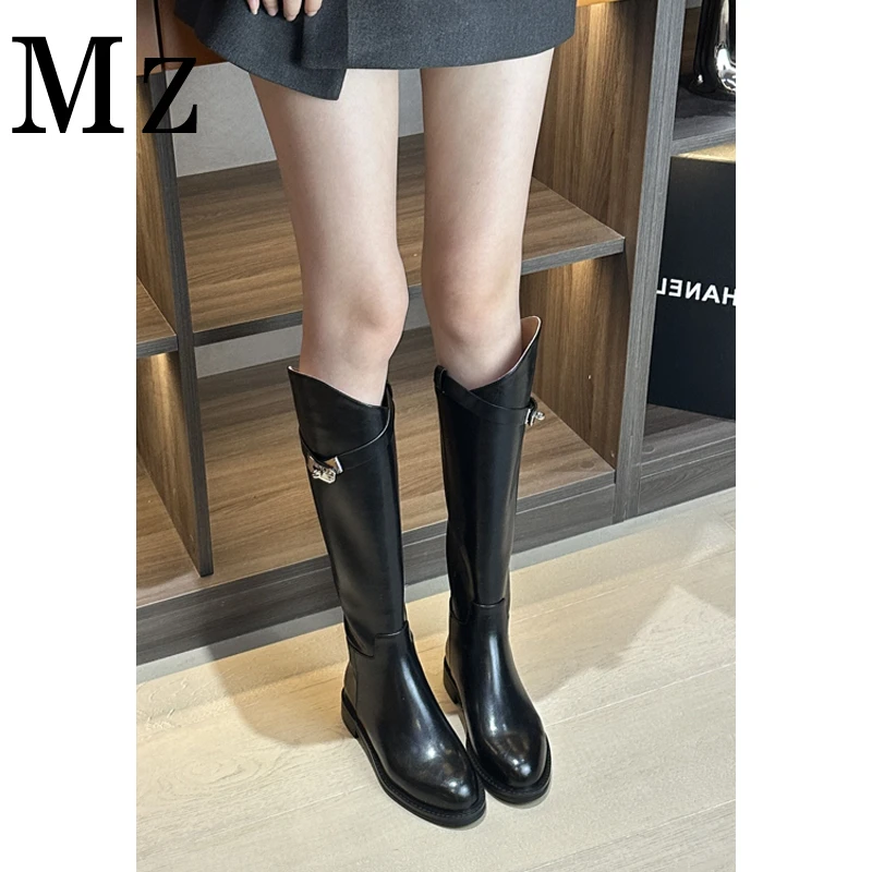 Mr.Zheng/淘小正/凯莉扣/斜切口/平底高筒靴秋冬长靴女鞋骑士靴