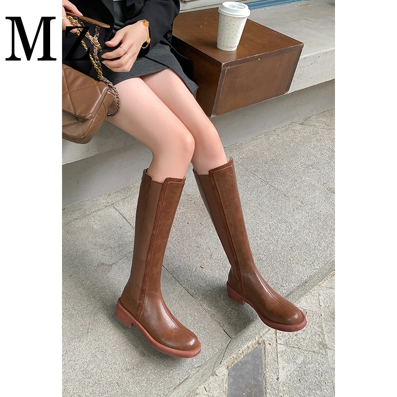 Mr.Zheng/淘小正/复古弹力厚底小个子2024秋冬百搭真皮骑士女靴